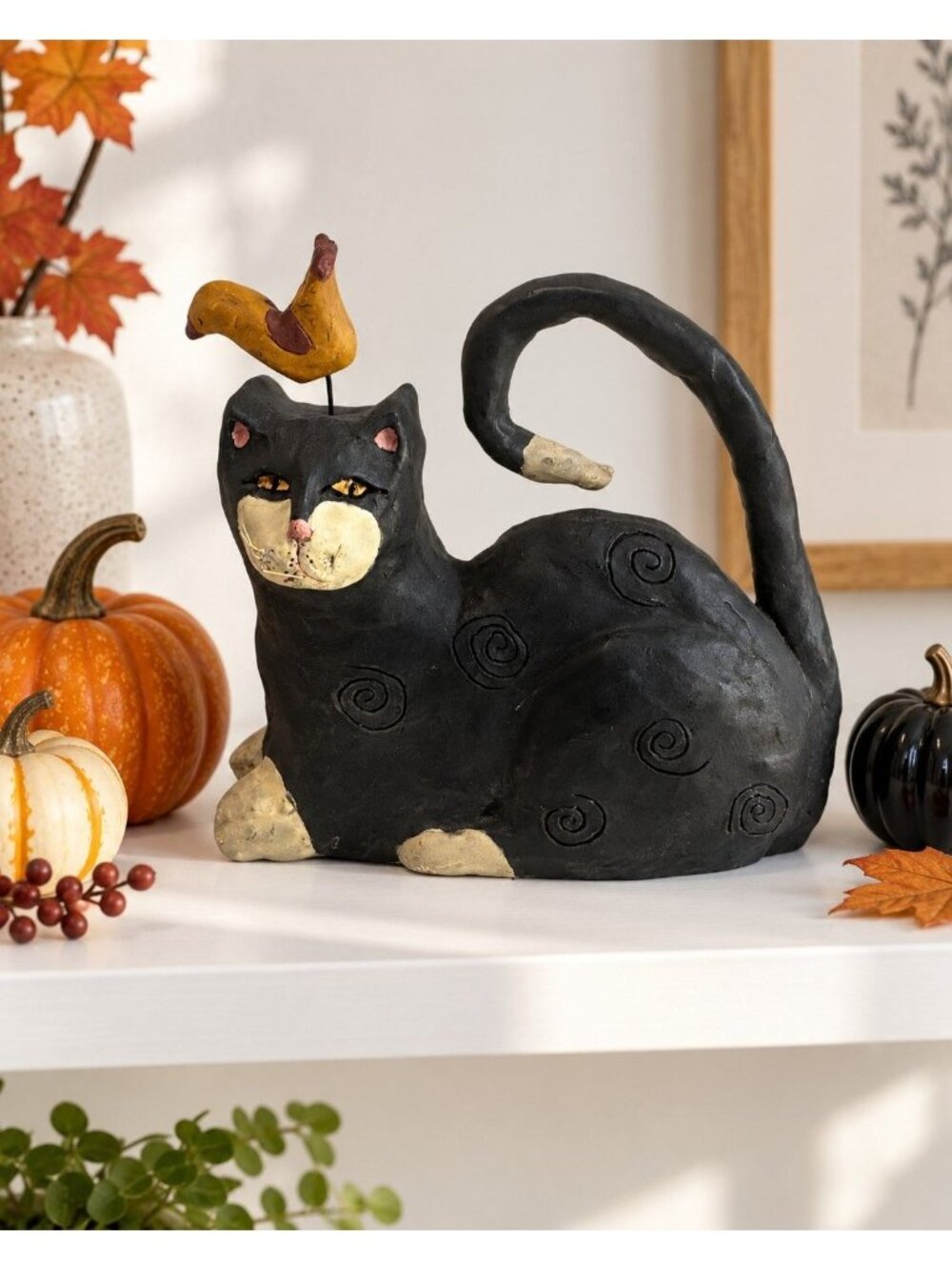 Vintage ERS Folk Art Black Cat Bird Sculpture Signed 7.5" Whimsical Composite